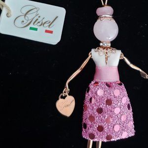 Gisel handmade doll necklace, pink sequin